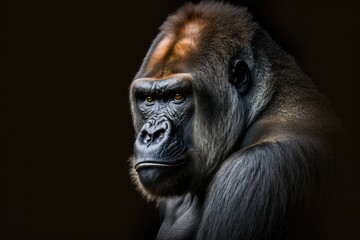 Poster - Portrait of a silverback male gorilla on a black background. This is the most dangerous and largest monkey in the world, the great ape. The leader of a family of gorillas. APE. Generative AI