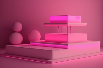 Wall Mural - Ultra-contemporary pink minimalist platform based on the idea of nature, set against a neon-lit Generative AI