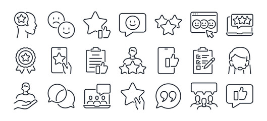 Customer feedback and satisfaction editable stroke outline icons set isolated on white background flat vector illustration. Pixel perfect. 64 x 64.