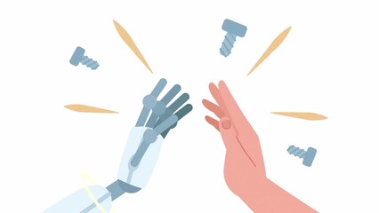 Poster - Animated human-AI cooperation. Interacting with machine. Working together. 2D cartoon flat characters 4K video footage on white with alpha channel transparency. Concept animation for web design