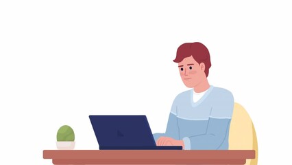 Wall Mural - Animated man typing on laptop. Freelance work at home. Freelancer, writer career. Flat character animation white background with alpha channel transparency. Color cartoon style 4K video footage