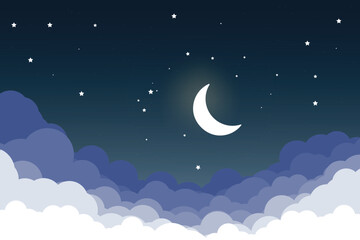 night sky with stars and moon. paper art style. Dreamy background with moon stars and clouds, abstract fantasy background. Half moon, stars and clouds on the dark night sky background.