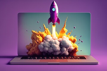Wall Mural - rocket coming out of laptop screen, purple background. ai digital illustration