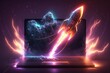 Illustration of rocket taking off from laptop, background with lightning and neon lights. Generative AI