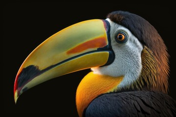 Wall Mural - Channel billed Close up Portrait of a bird with a big beak. Toucan, Ramphastos vitellinus. Isolated on a Black Background. Generative AI