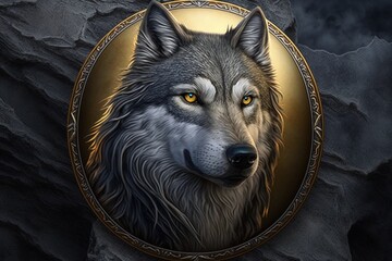 Wall Mural - Wolf emblem with golden adornments. Generative AI