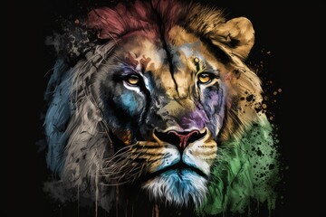 Wall Mural - A close up of a colorfully painted lion's face ON A BLACK BACKGROUND IN WATERCOLOR AND SKETCH. Generative AI