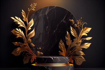 black and gold marble display podium for luxury product advertisement with a beautiful black color background with flowers and floral, generative ai