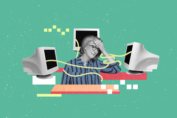 Sticker - Composite collage portrait of black white effect sad aged lady hand touch forehead connection retro pc monitor isolated on drawing background