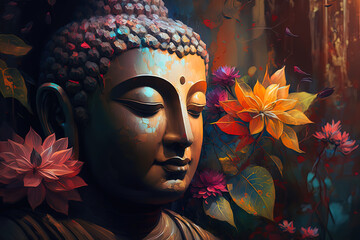 beautiful painting of a buddha, flowers all around. AI-Generated