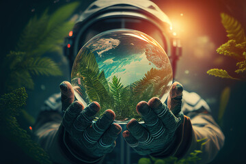 an astronaut holding glass globe in the hands. dark creative illustration. generative art