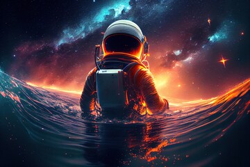 an astronaut standing in the water under the beautiful milky way, exploring universe concept. creati