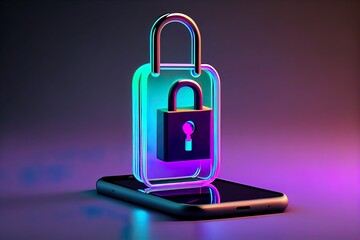 close-up of padlock and phone on a neon background. generative ai
