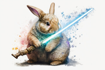 Wall Mural - Watercolor easter bunny, lightsaber, generative ai