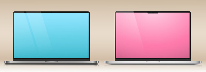 Fototapete - Two laptops with blue and pink screens on a beige gradient background. A set of realistic laptop layouts in a silver metal case. Vector illustration.