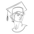 Graduation concept. Sculpture of Michelangelo's David in academic graduate hat with tassel Contemporary line art drawing vector illustration.Modern liner illustration,fashion print,emblem,logo design