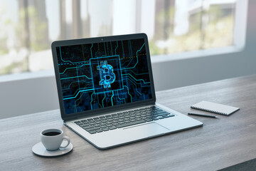 Poster - Close up of laptop with glowing circuit bitcoin hologram, coffee cup and notepad on blurry window with city view background. Cryptocurrency and finance concept. 3D Rendering.