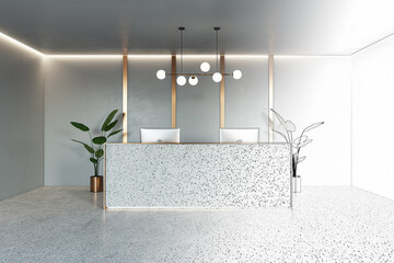 Poster - Stylish reception area interior design project development with modern computers on a desk, light grey wall background, green plants and concrete floor and illuminated ceiling. 3D rendering