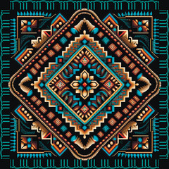 Wall Mural - Tapestry tribal ethnic colorful seamless pattern with square stitch frame. Textured border background. Geometric embroidered ornament. Repeat grunge backdrop. Embroidered patterned endless texture