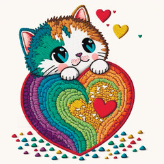 Poster - Embroidery smiling happy kitten with colorful love hearts. Tapestry vector background illustration with beautiful cute little cat and bright ornamental love hearts. Embroidered grunge texture