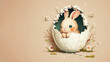 Happy easter concept. Cute easter bunny rabbit inside a cracked egg and flower, flat design. Generative ai.