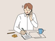 Unhappy man sit at desk talk on phone taking notes. Upset guy feel stressed with news on cellphone handwrite in notebook. Vector illustration. 