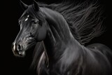 Fototapeta Konie - A moving portrait of a black stallion on a black background. Generative AI