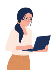 Poster - Woman with low ponytail holding laptop semi flat color vector character. Editable figure. Half body person on white. Simple cartoon style spot illustration for web graphic design and animation