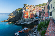 Italy, Liguria, Riomaggiore, Edge Of Coastal Town Along Cinque Terre