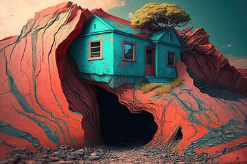 Poster - Blue small house in the rock under the blue clear sky. Generative AI