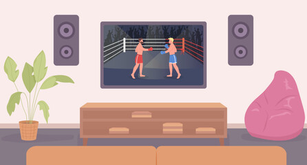 Poster - Two-player fighting game on tv screen flat color vector illustration. Watching boxing match. Hero image. Fully editable 2D simple cartoon living room interior with widescreen television on background