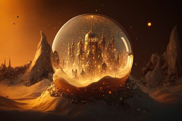 Poster - A crystal ball with a palace covered in gold dust inside. Generative AI