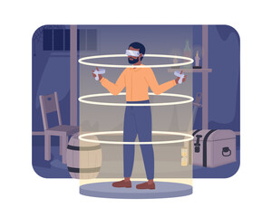 Poster - vr gaming in medieval fantasy adventure 2d vector isolated spot illustration. virtual reality gamer 