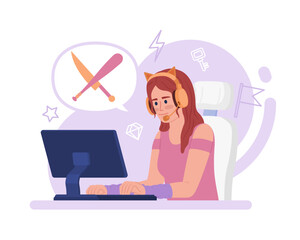 Poster - female online gamer in esport 2d vector isolated spot illustration. headphones girl at computer flat