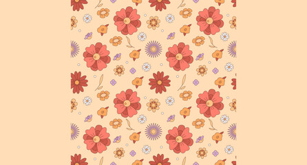Poster - Retro flowers seamless pattern on orange background. Fully editable 2D flat color illustration. Trendy cartoon vector graphics. Creative backdrop image for textile, fabric, wallpaper design