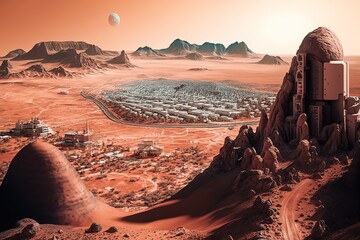 Poster - Landscape of a hot desert with rocks and buildings on the horizon under the sun. Generative AI