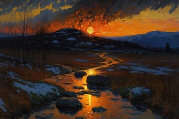 Poster - Beautiful evening sunset with dark silhouettes of a tree and a small stream. Generative AI