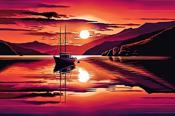 Poster - Beautiful sunset near the sea, sailboat and big mountains on the horizon. Generative AI