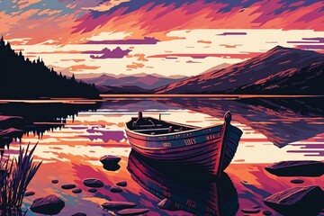 Poster - Beautiful sunset near the sea, wooden boat and big mountains on the horizon. Generative AI