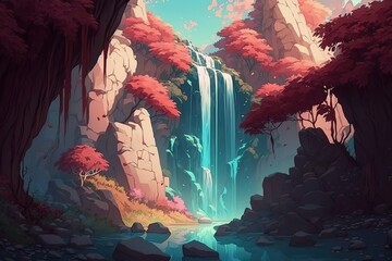 Poster - A stormy waterfall flows down streams of water from a large rock under a blue sky. Generative AI