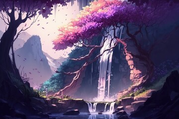 Poster - A stormy waterfall flows down streams of water from a large rock under a blue sky. Generative AI
