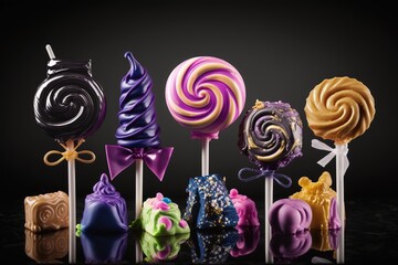 Poster - A large and voluminous pile of sweet lollipops on a black background. Generative AI