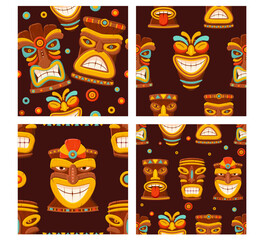 Wall Mural - Set of seamless pattern with hawaiian tiki mask. Collection of swatches with polynesian or african totems. Texture for wallpaper, web page background, surface textures. Vector illustration EPS8