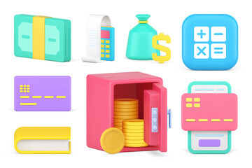 Poster - Financial payment banking cash money dollar storage calculating button set 3d icon realistic vector
