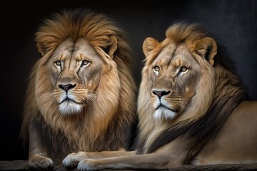 Poster - A pair of full grown lions in a zoo. Generative AI