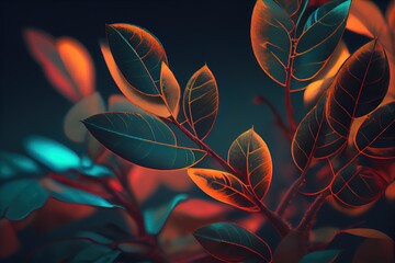 Poster - Green branch of a plant with neon orange glow against a dark starry sky. Generative AI