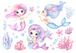 Cute Mermaid, Set beautiful Little Mermaids watercolor clipart, Fairytale Sea Cartoon Illustration, Undersea Baby princess with octopus, seaweed, coral and flowers for girls birthday invitation card