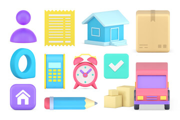 Poster - Delivery courier shipment van transportation online shopping purchase payment set 3d icon vector