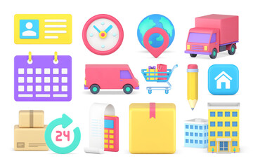 Poster - Purchase global delivery online shopping goods courier truck transportation set 3d icon vector