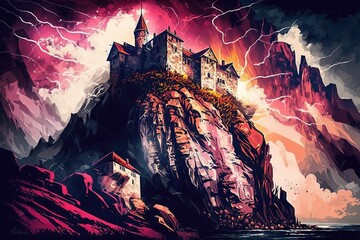 Poster - An old castle on a rocky hill under a gloomy sky with mountain clouds. Generative AI